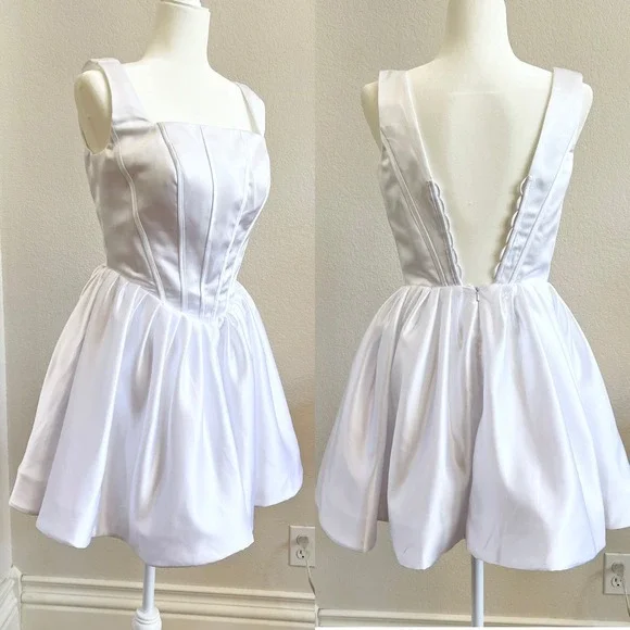 White Satin Corset Fit and Flare Mini Dress Bachelorette Party Bridal Graduation - Picture 1 of 13